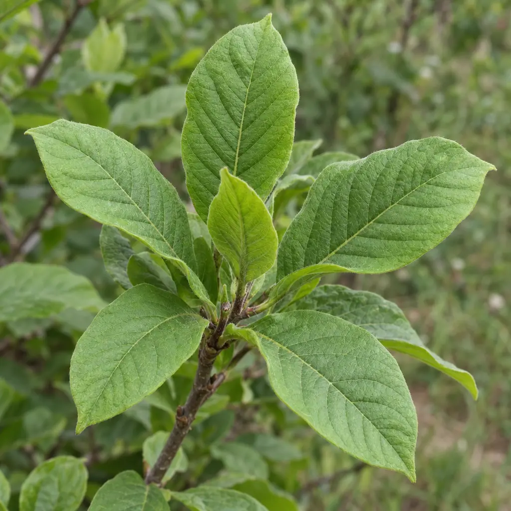 A medlar twig in June with oblong, softly hairy leaves that have a smooth edge and a short point