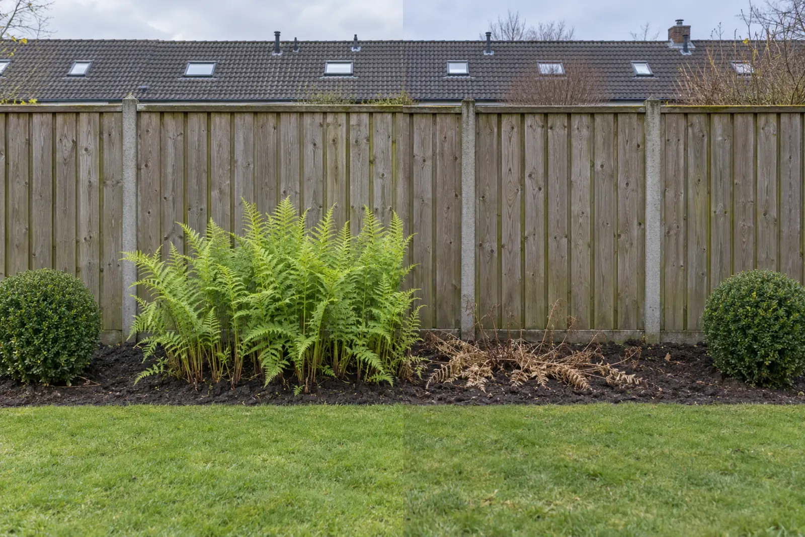 Eén border voor een houten schutting, in twee helften: links in juli een groep lichtgroene moerasvaren, rechts in januari alleen plat, bruin dood blad op de grond, met een buxusbol aan elk uiteinde