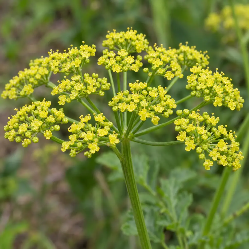 One flower head of wild parsnip in late July: small clusters of tiny yellow flowers on straight stalks above a grooved stem
