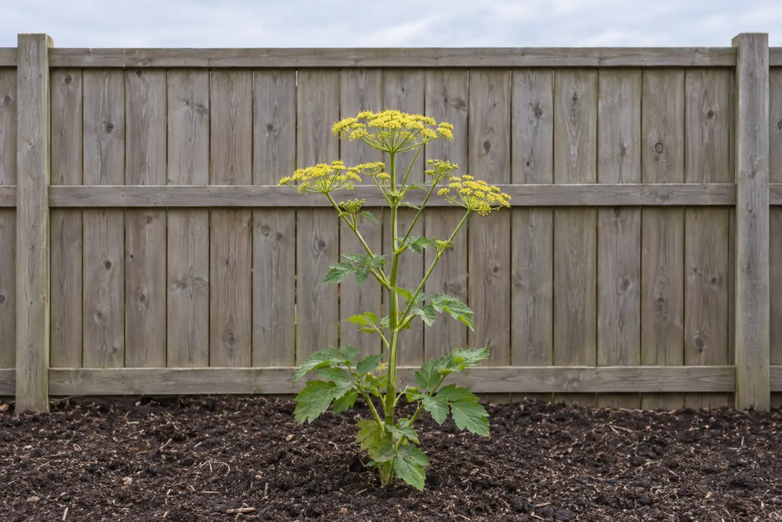 One flowering wild parsnip alone in a bed of dark soil in front of a wooden fence in late July, with coarsely toothed leaflets and flat yellow flower heads