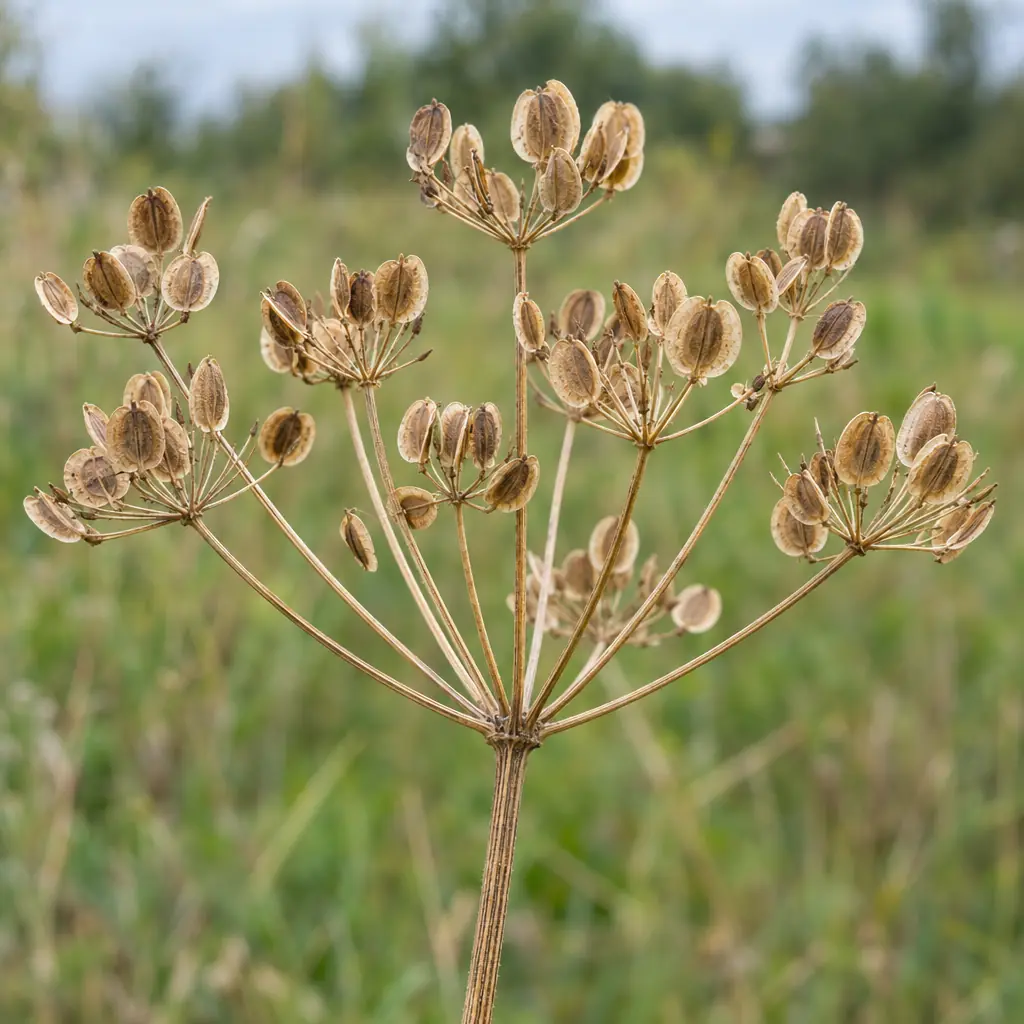 One ripe seed head of wild parsnip in early September, with flat, oval, light-brown fruits with a narrow winged edge on straw-coloured stalks