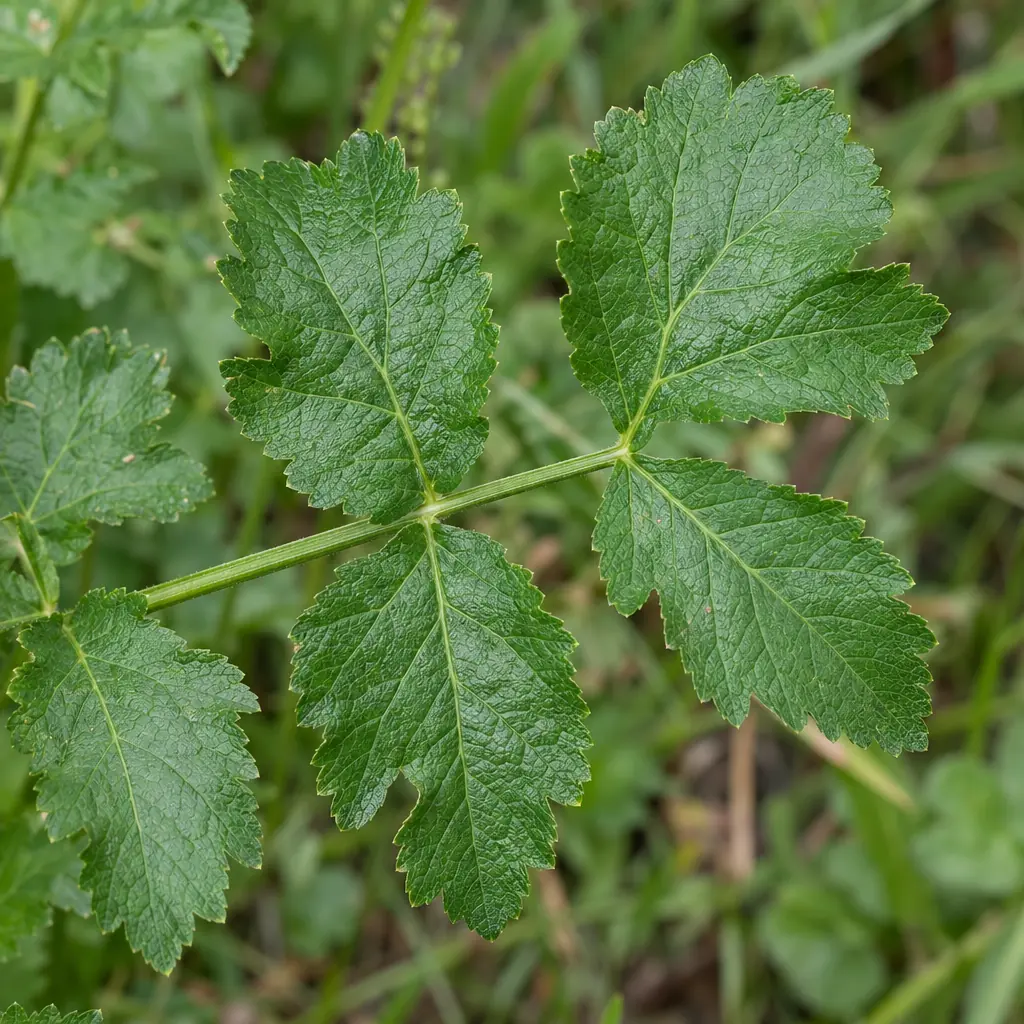 One divided leaf of wild parsnip in June, with pairs of broad, coarsely toothed leaflets on a grooved stalk, among grass