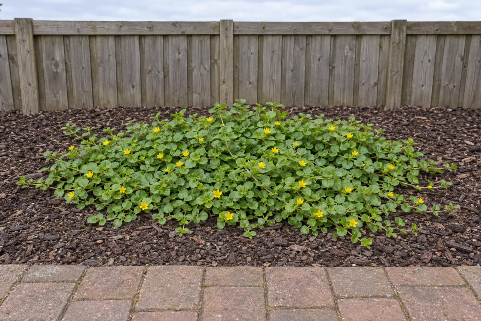 One low mat of wild creeping Jenny in an empty bed of bark mulch in front of a wooden fence in July, with round green leaves and single yellow flowers
