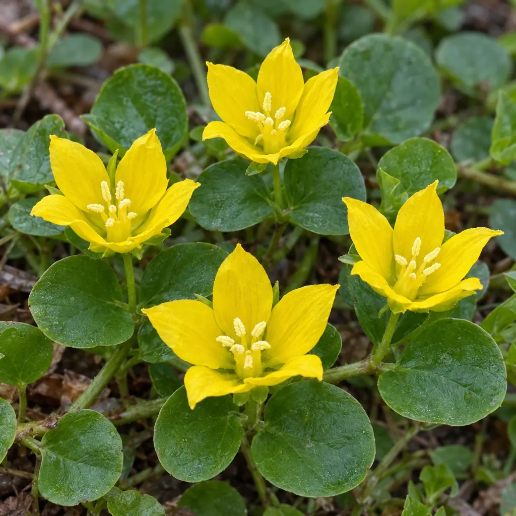 Open yellow creeping Jenny flowers with five pointed petals, each on a short stalk between round green leaves