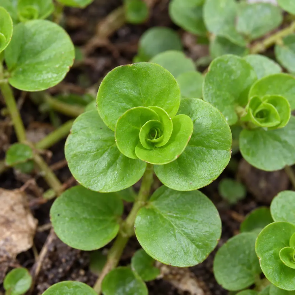 Creeping Jenny shoot tips seen from above, with pairs of almost round green leaves and a young rosette in the middle
