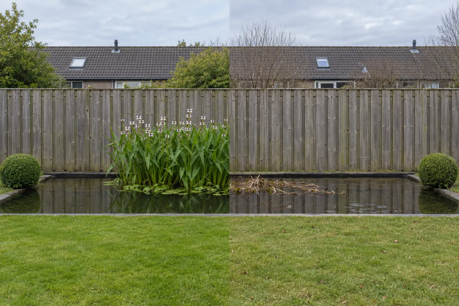 One garden pond in front of a wooden fence, in two halves: on the left in July a clump of arrowhead full of arrow-shaped leaves and white flowers, on the right the same spot in January with only a few broken brown stalks on the water, with a box ball at each end