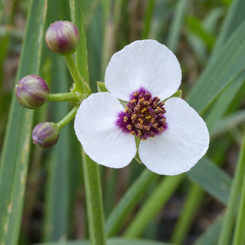 An open male arrowhead flower with three white petals, a purple patch at the base and a centre of dark purple stamens, with round buds beside it