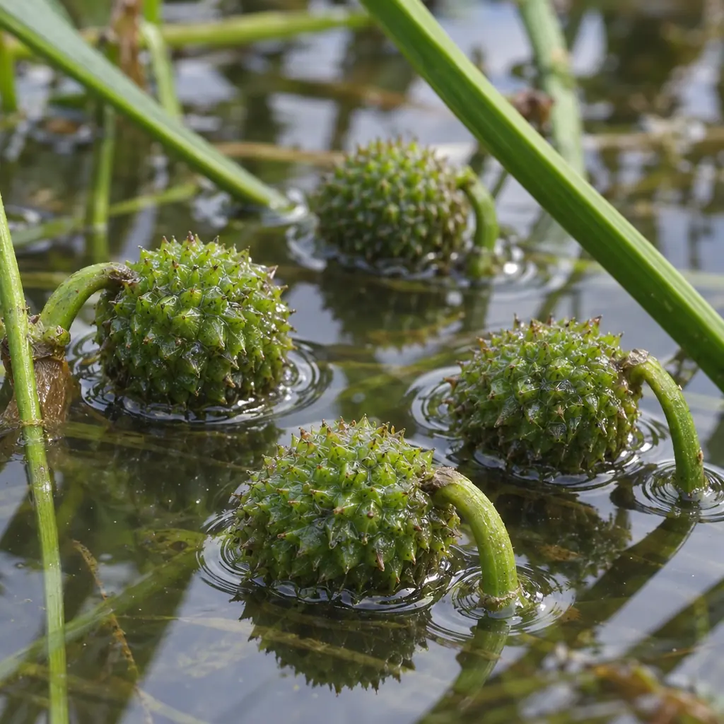 Green, round arrowhead fruit heads on bent stalks, resting on the water, each a knobbly ball of flat, pointed fruitlets