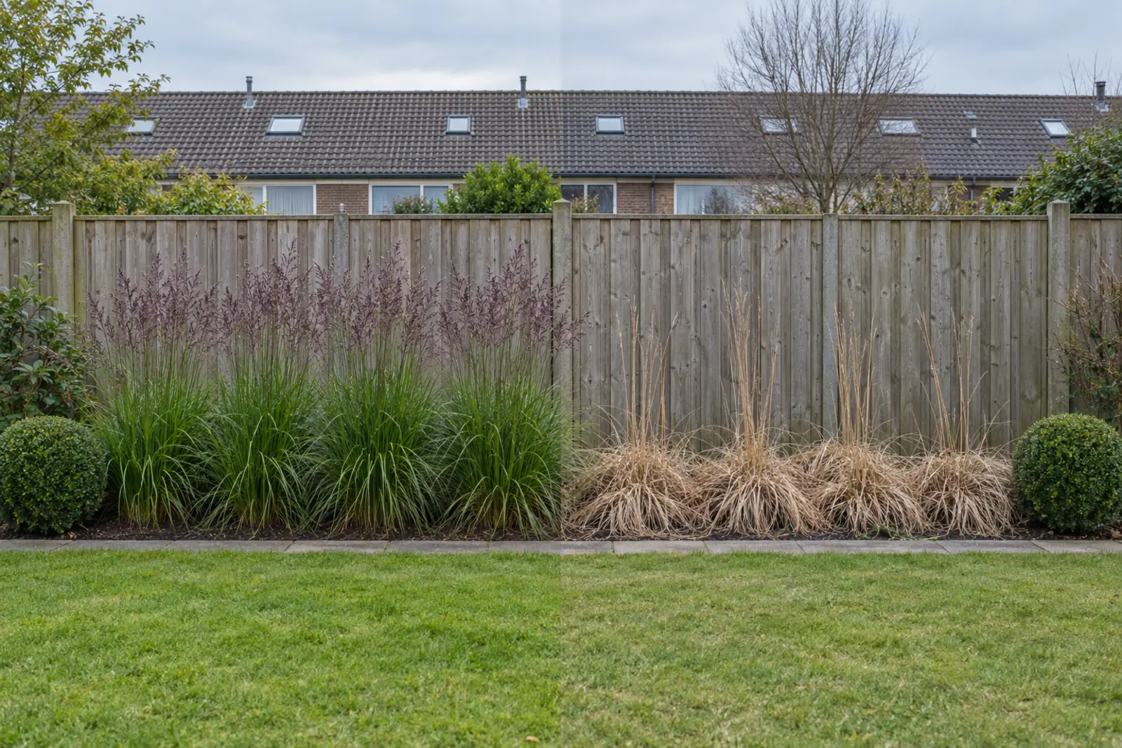 Een border voor een houten schutting in twee helften: links in augustus een rij pollen pijpenstrootje met paarse pluimen, rechts dezelfde pollen in januari als strokleurige bossen met kale halmen, met aan beide uiteinden een buxusbol