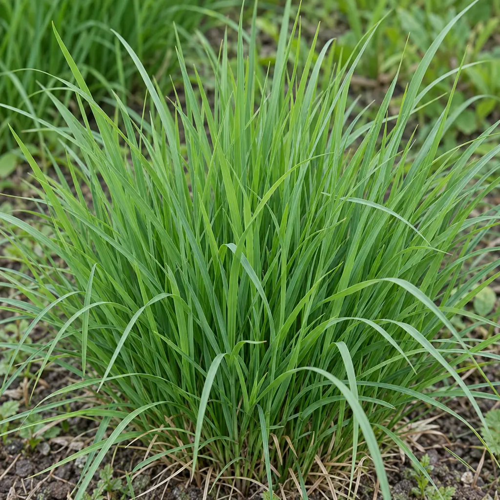 Een jonge pol pijpenstrootje in het voorjaar met smalle, vlakke, effen groene bladeren en wat oud stro aan de voet, zonder bloeistengels