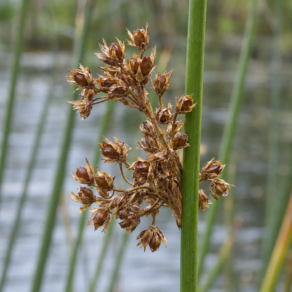 Een tros glanzend bruine zaaddoosjes met droge bruine blaadjes eromheen, aan de zijkant van een groene stengel van pitrus