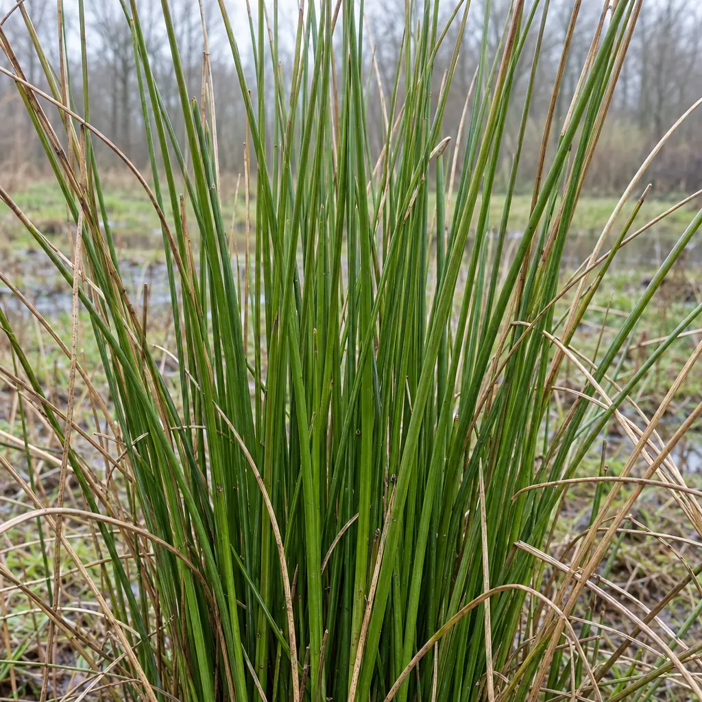 Het groene hart van een pol pitrus in de winter: rechte, glanzend groene stengels met aan de rand een paar strokleurige oude stengels