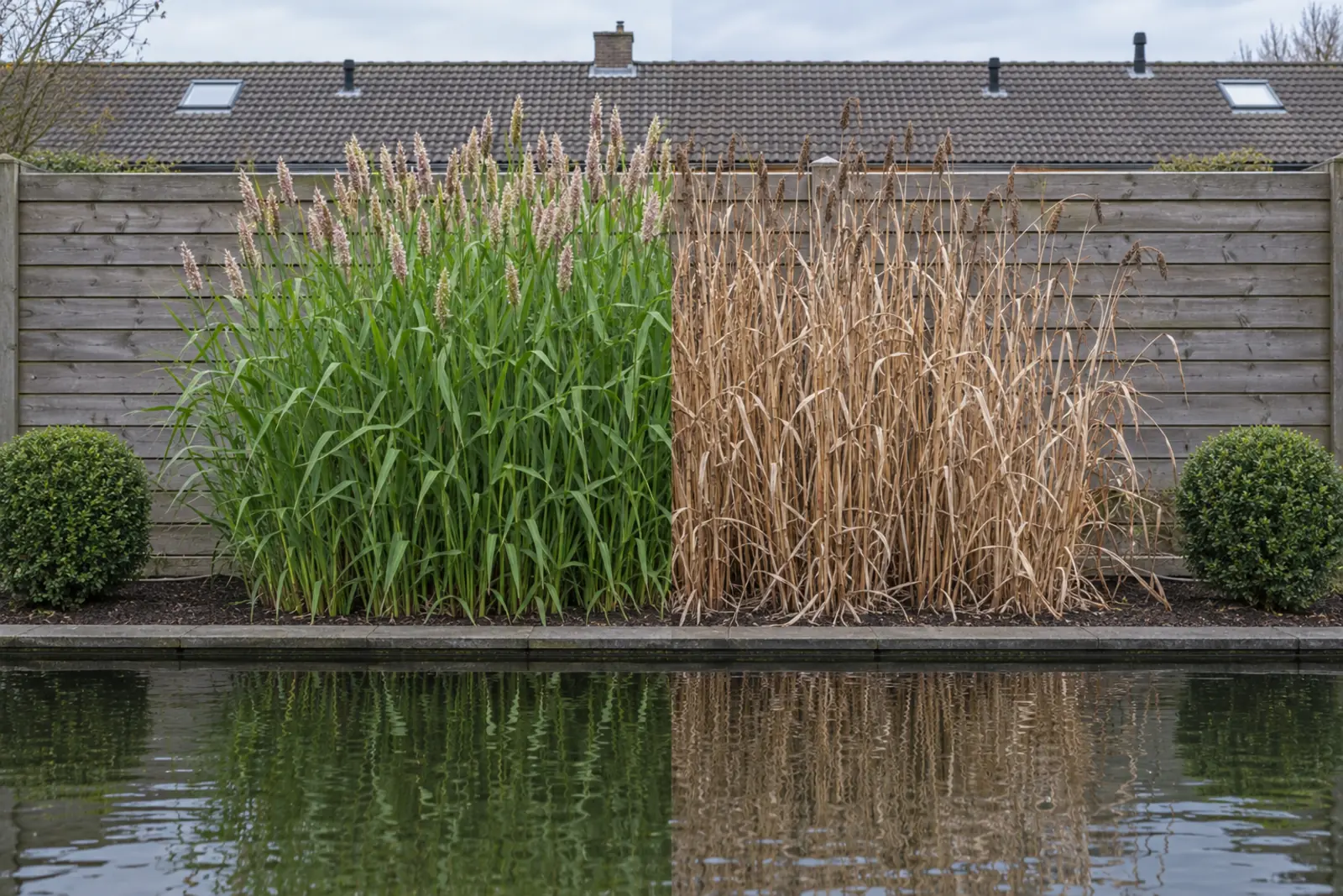Een vijverrand voor een schutting in twee helften: links in juni een brede pol groen rietgras met roze pluimen, rechts dezelfde pol in januari als dode, strokleurige stengels, met een buxusbol aan elk uiteinde