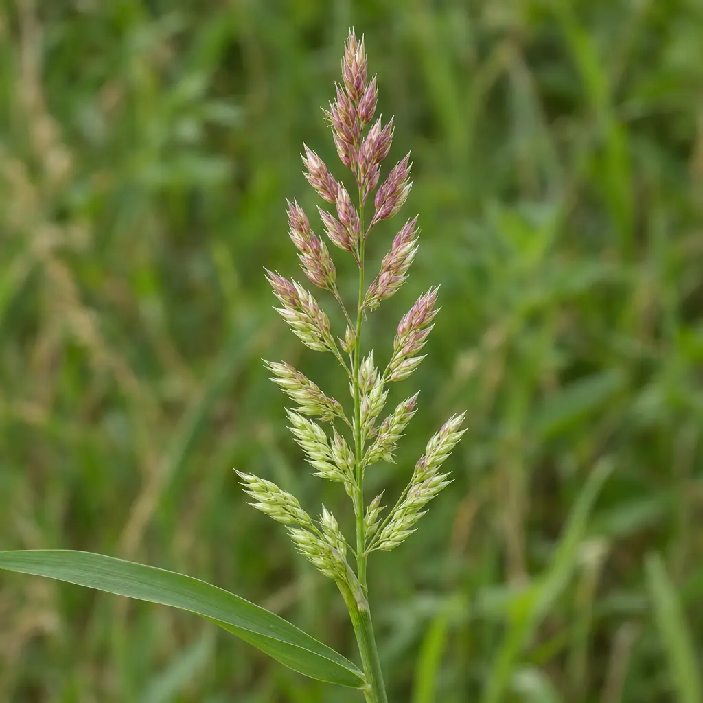 Eén smalle pluim van rietgras eind juni met korte zijtakjes vol dichte kluwentjes aartjes, onderaan witgroen en bovenaan roze