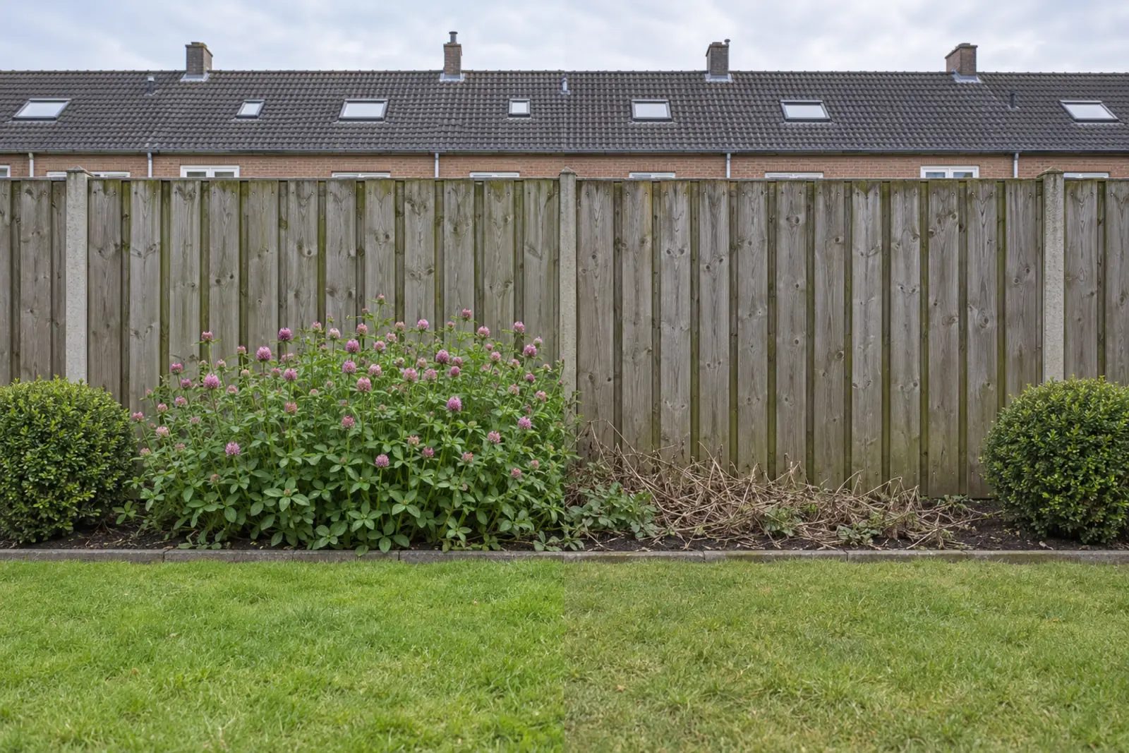 Een border voor een houten schutting in twee helften: links in mei een pol bloeiende rode klaver, rechts dezelfde border in januari met alleen dode stengels, met aan beide uiteinden een buxusbol