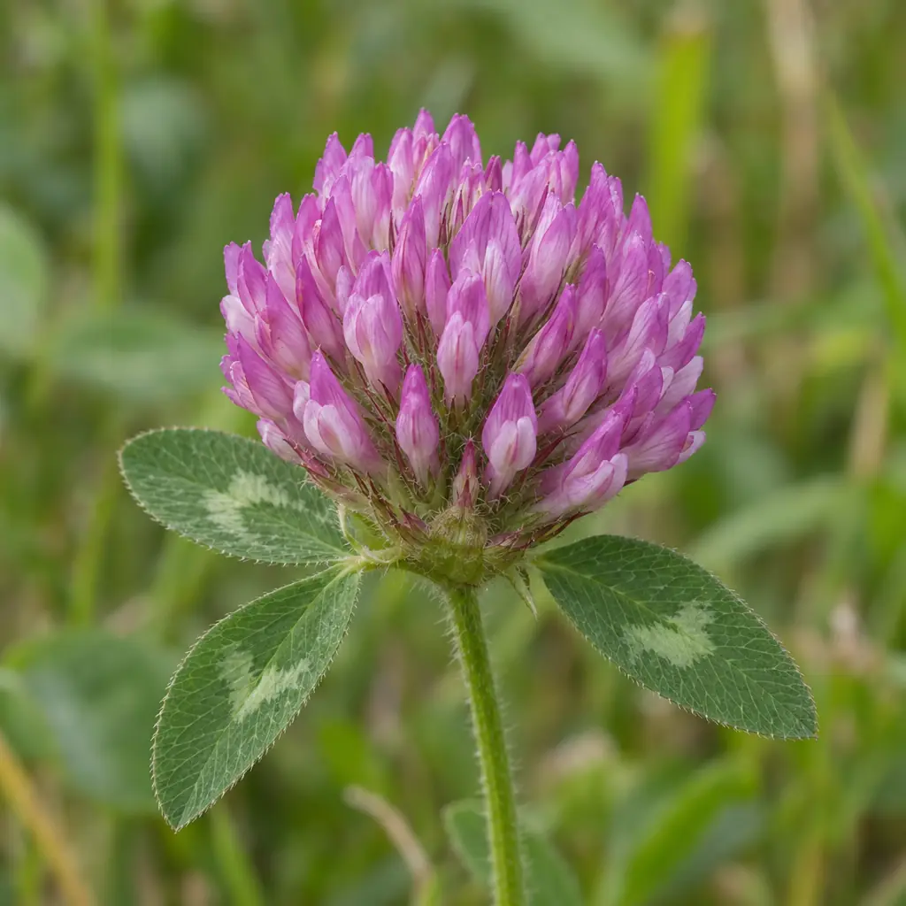 Eén rond, paarsroze bloemhoofdje van rode klaver vol kleine bloempjes, met twee bladeren als kraag op een behaarde stengel