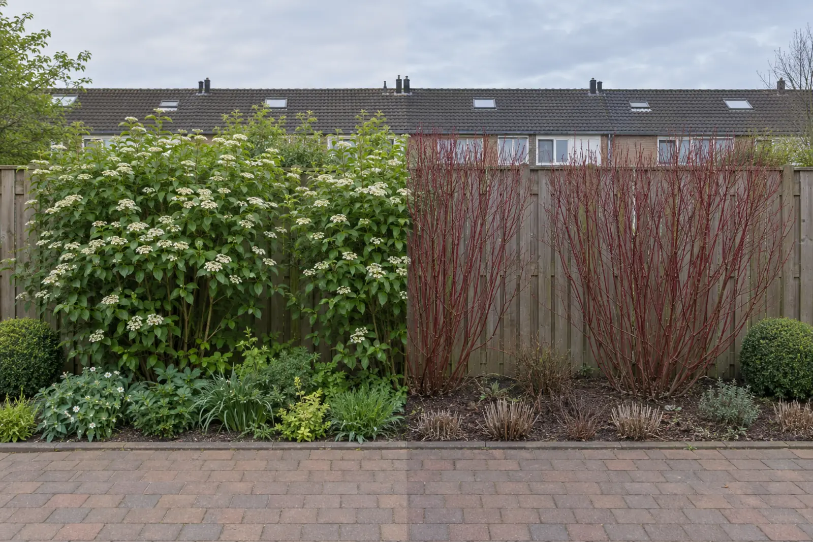 One border in front of a wooden fence with common dogwoods: on the left in May, in leaf with white flower clusters; on the right the same border in January with bare red stems, and a box ball at each end