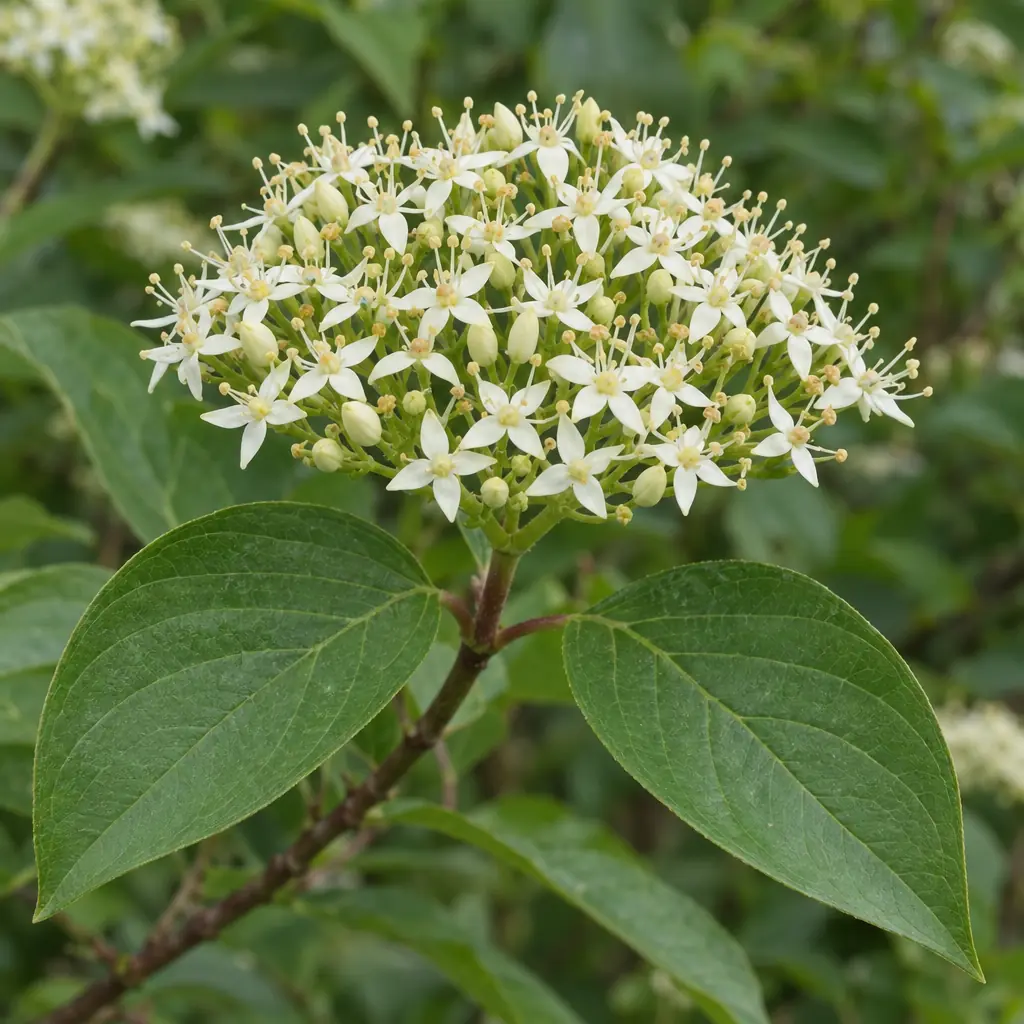 A flat cluster of small dull-white flowers with four petals above two opposite common dogwood leaves