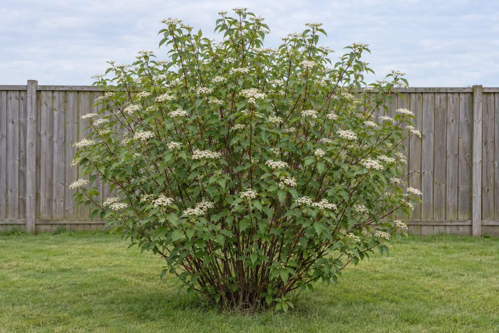 One common dogwood as a free-standing shrub on a lawn in front of a wooden fence, in early June, with dark red twigs and flat white flower clusters