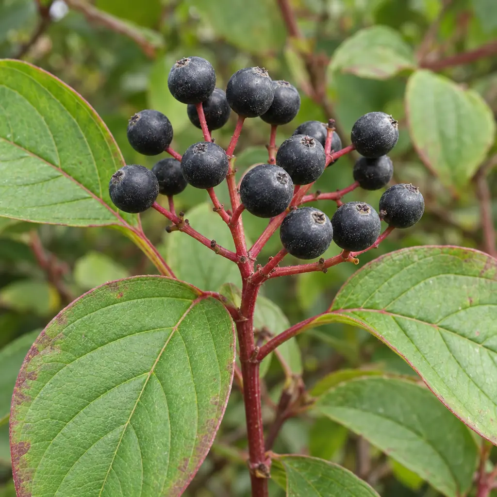 A loose cluster of round blue-black common dogwood berries on red stalks among green leaves, in September