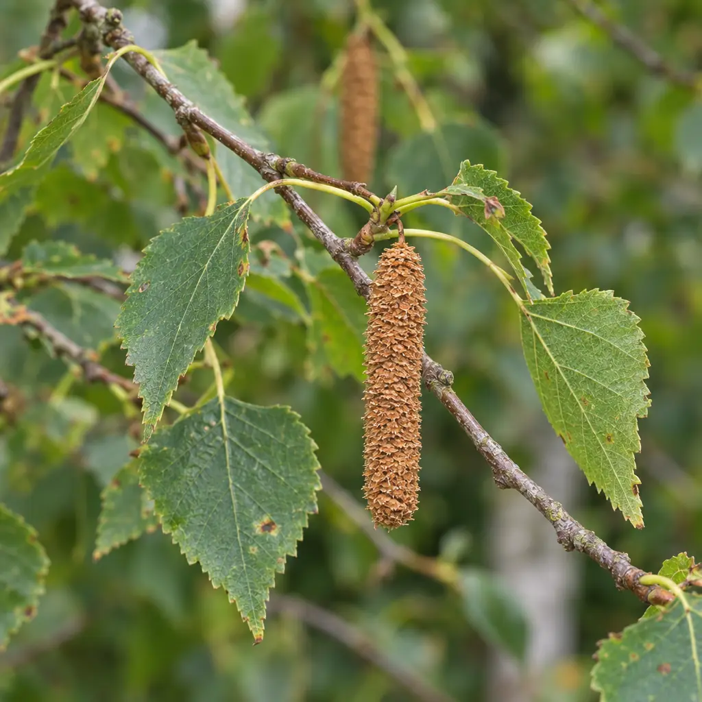 Hangend bruin vruchtkatje van de ruwe berk aan een twijg tussen getande groene bladeren
