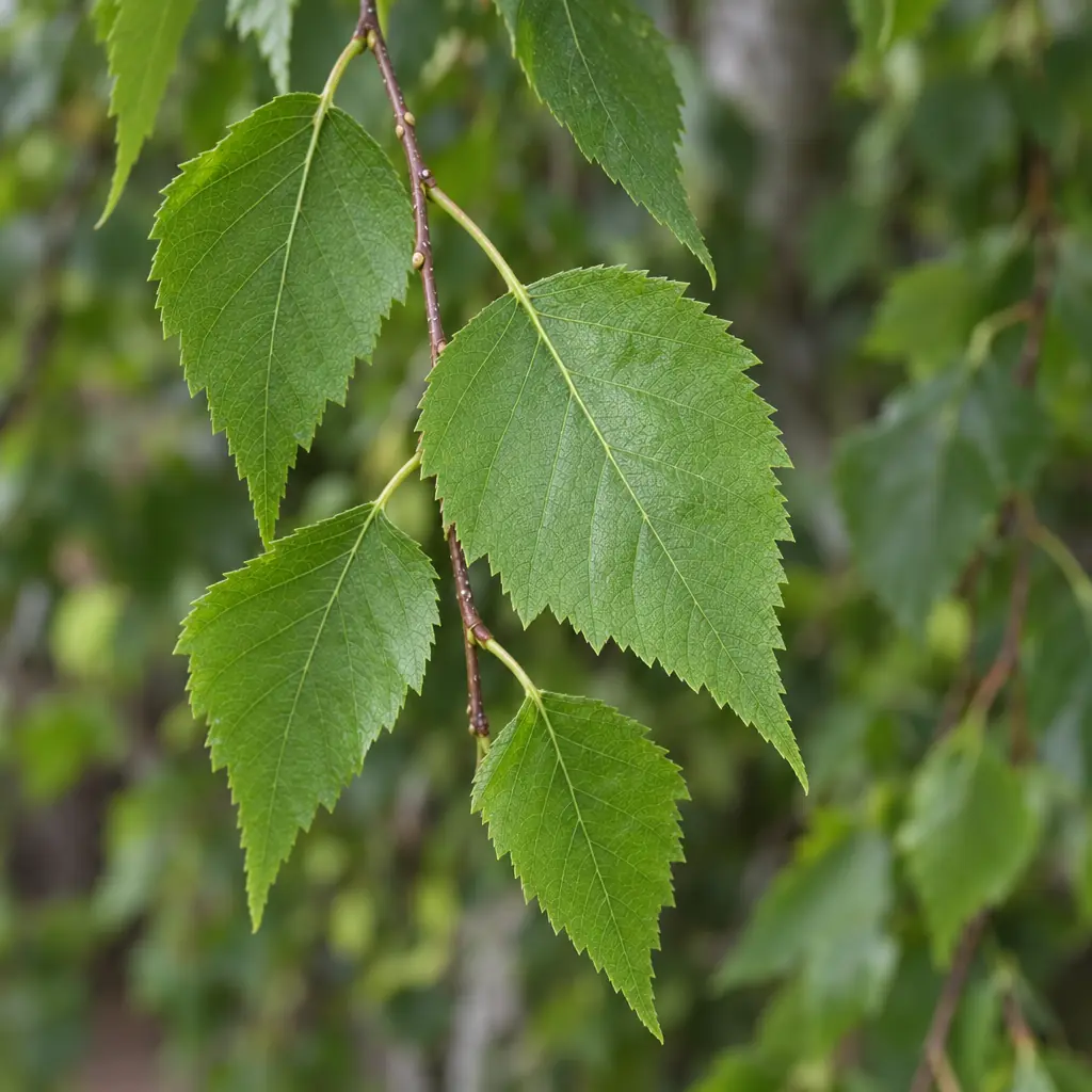 Hangende twijg van de ruwe berk met ruitvormige, spitse bladeren met een dubbel gezaagde rand