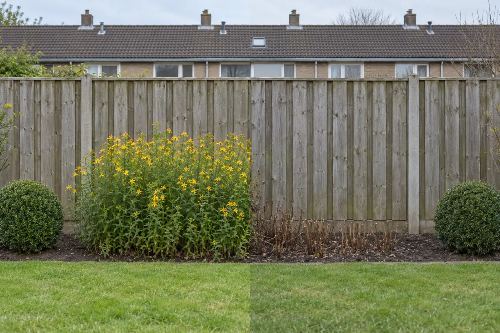 Een border voor een houten schutting in twee helften: links in juli een pol bloeiend geel sint-janskruid, rechts dezelfde border in januari met alleen korte afgeknipte stengels op kale grond, met aan beide uiteinden een buxusbol