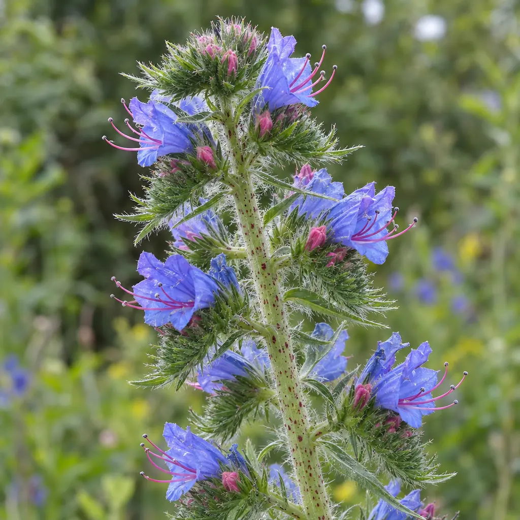 De top van een bloeiende stengel van slangenkruid eind juni: blauwe trechterbloemen met lange roze meeldraden, roze knoppen en een behaarde, rood gespikkelde stengel