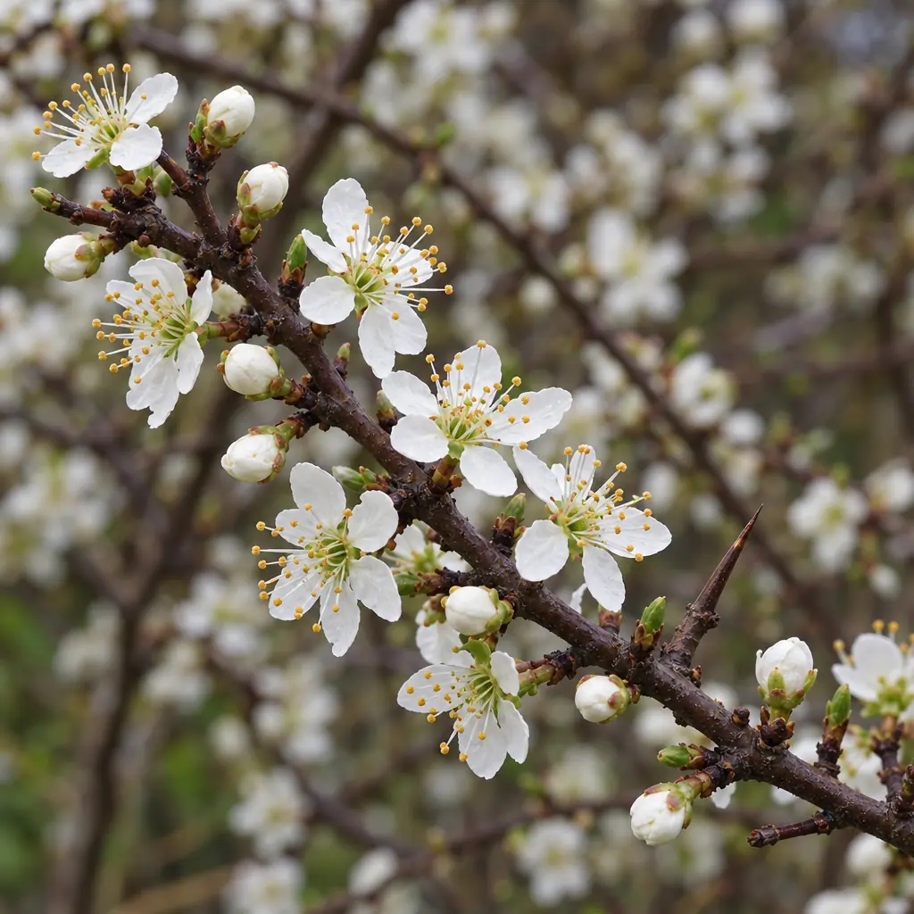 A bare dark blackthorn twig in April, full of single small white flowers with five petals, and a thorn