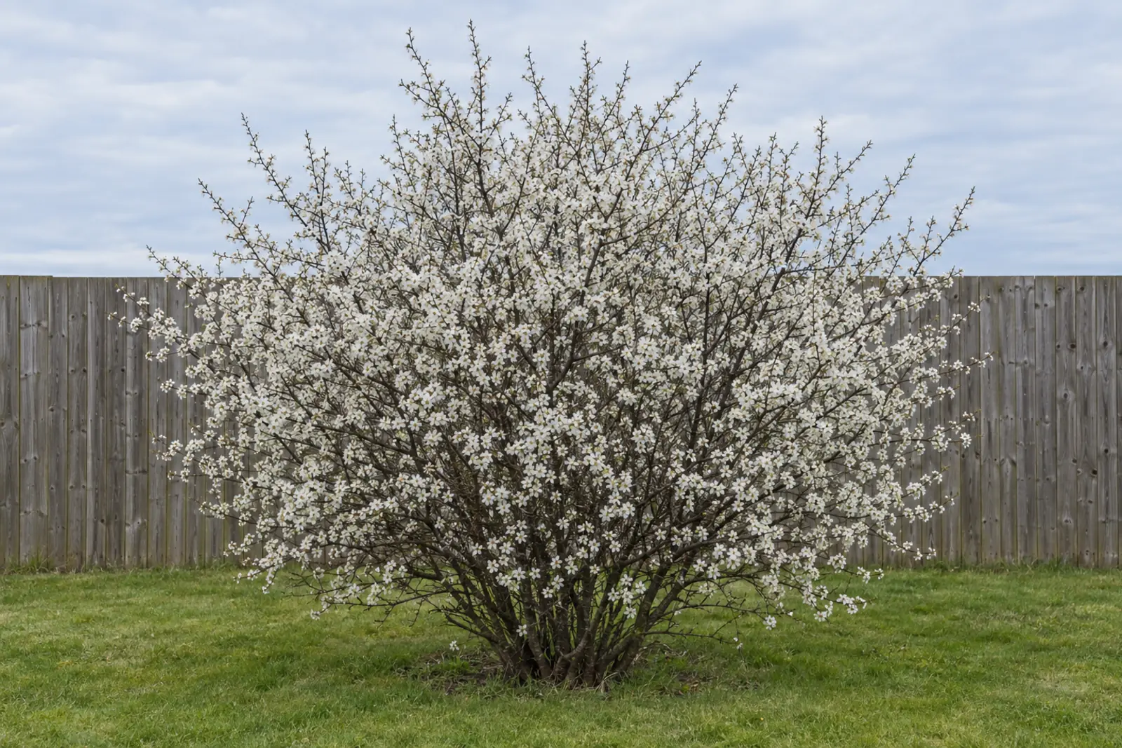 One blackthorn as a free-standing shrub on a lawn in front of a wooden fence, in early April, bare and covered in small white flowers