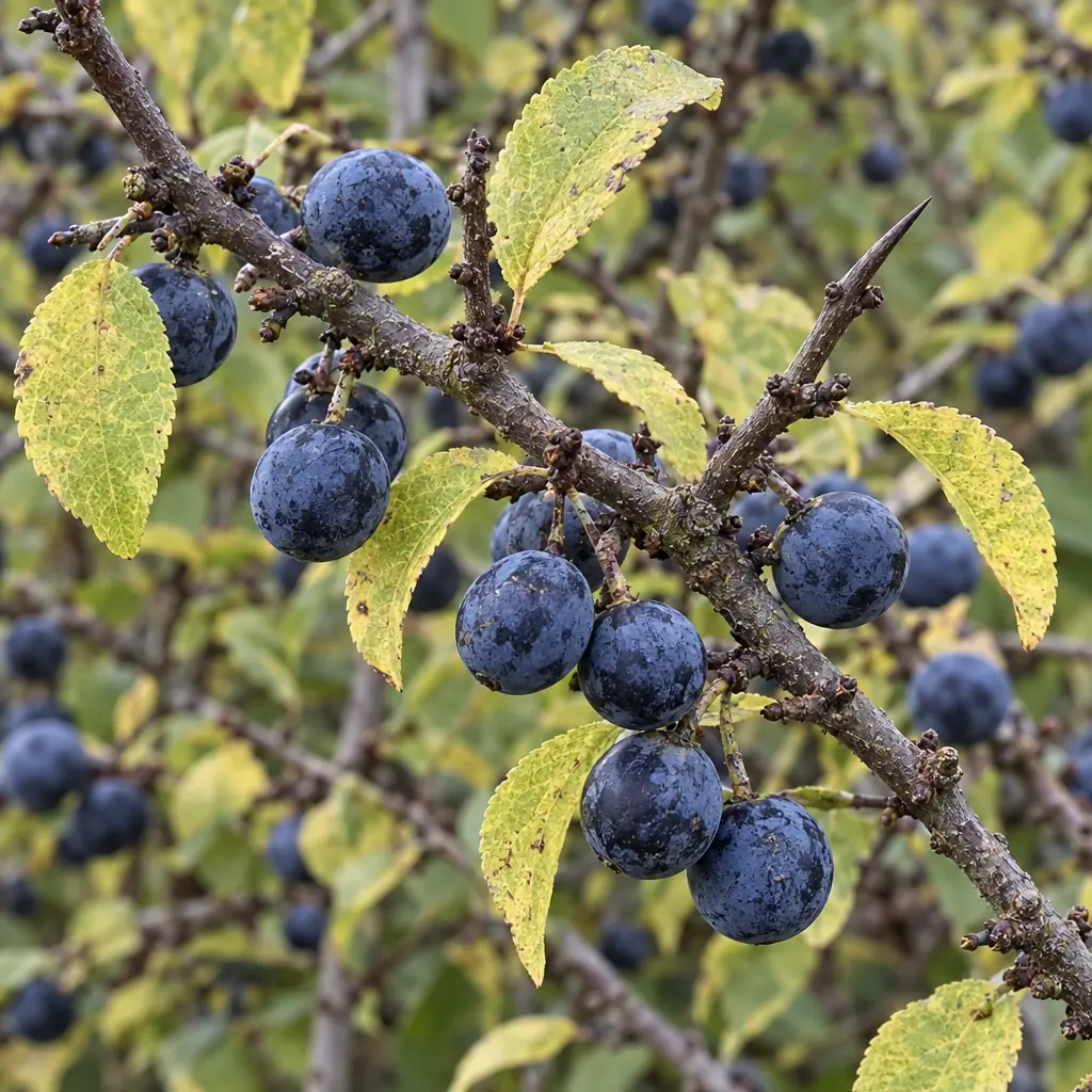 A thorny blackthorn branch in October with round blue-black fruits under a grey-blue waxy bloom