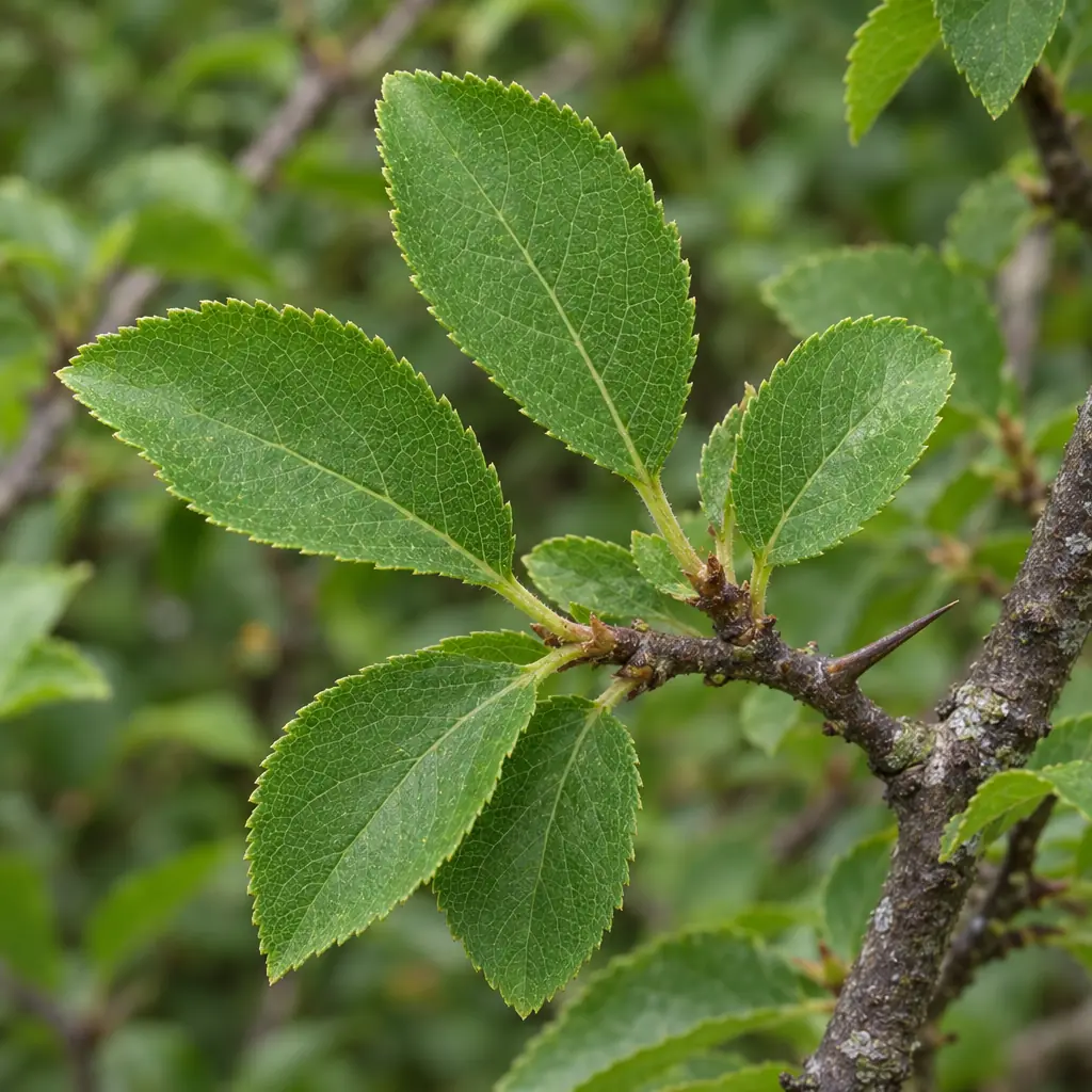 A blackthorn twig in June with small oval, finely toothed matt green leaves and a sharp thorn