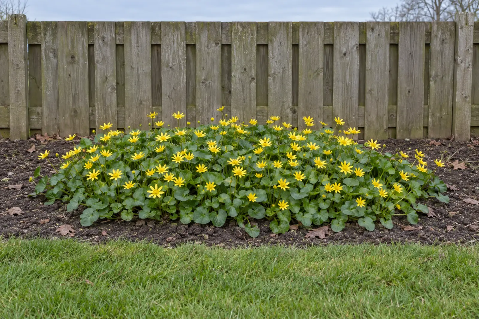 Eén lage plek speenkruid in een kaal bed voor een houten schutting, eind maart, met glanzend hartvormig blad en veel gele sterbloemen