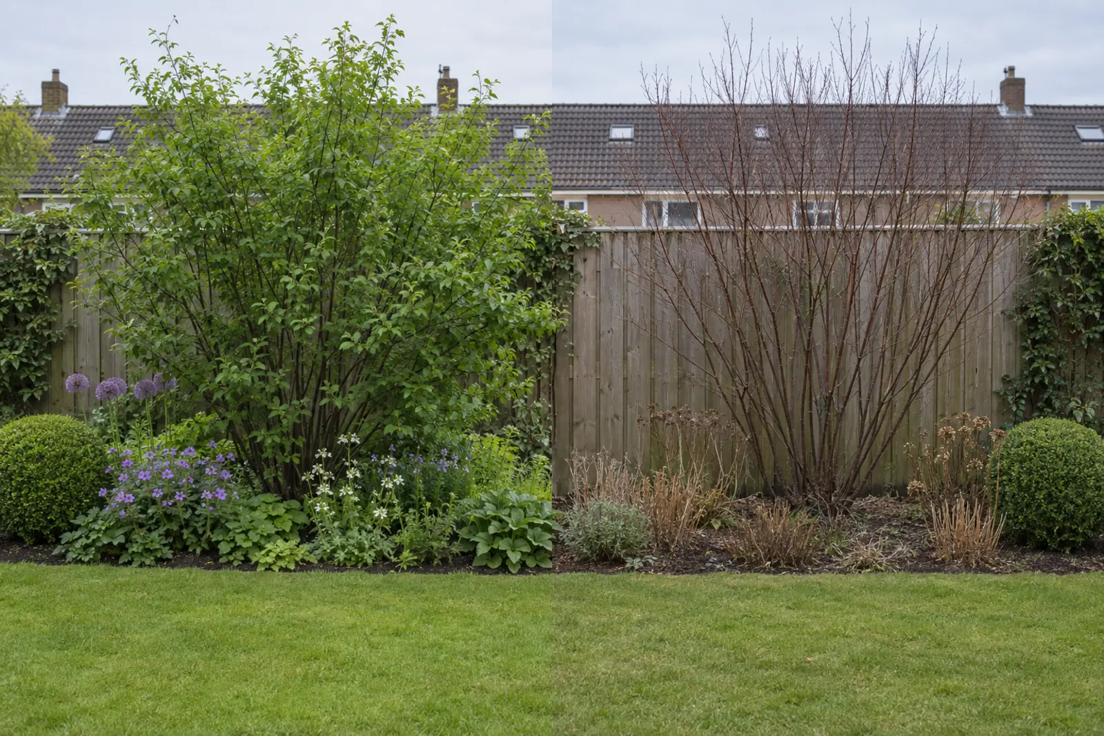 One border in front of a wooden fence with an alder buckthorn: on the left in May in full fresh green leaf, on the right in January as a bare cluster of straight dark stems, with a box ball at each end