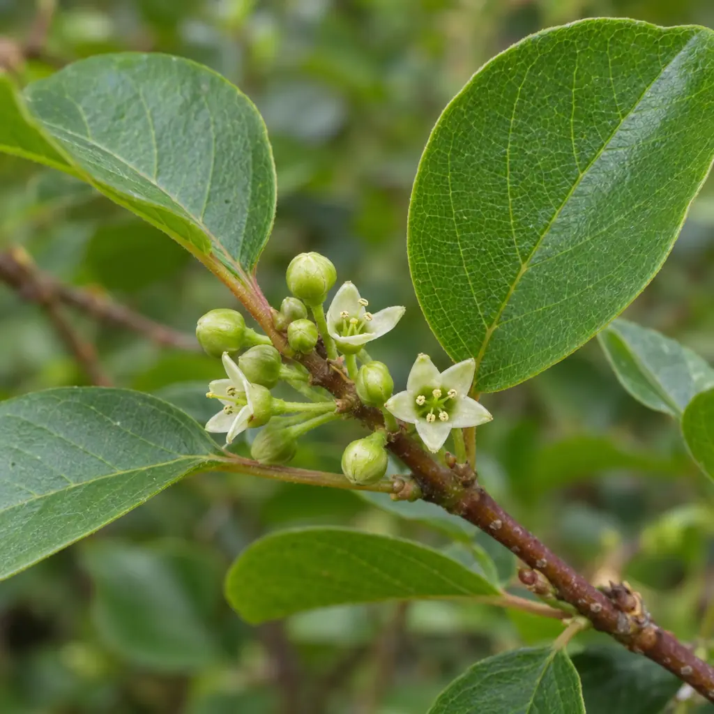 A small cluster of greenish-white star-shaped flowers and round green buds in the leaf axil of an alder buckthorn twig