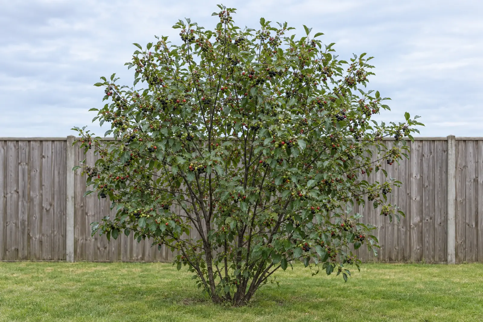 A single alder buckthorn shrub on a lawn in front of a wooden fence in August, with green, red and black berries among its glossy leaves