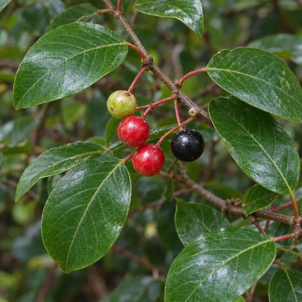 A late-August twig of alder buckthorn with one green, two red and one glossy black berry on thin red stalks