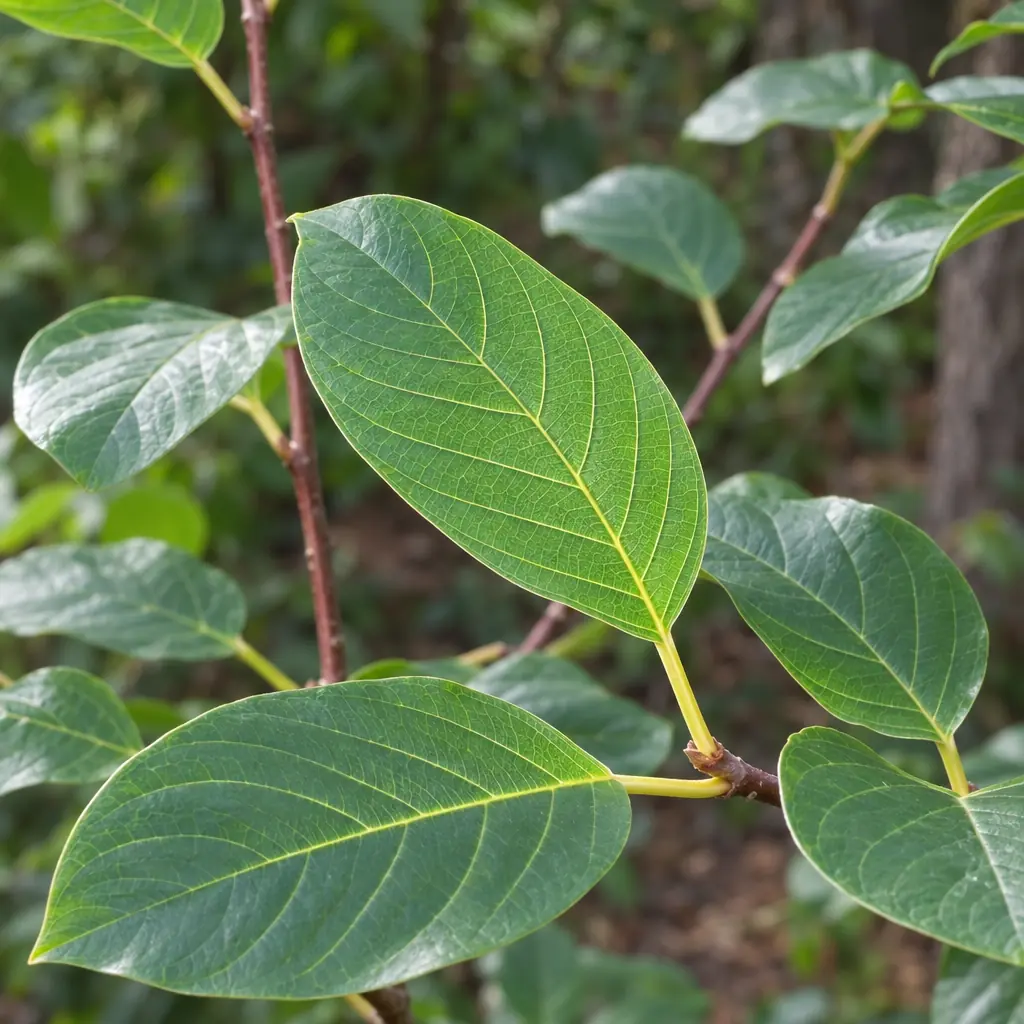 A June twig of alder buckthorn with broad oval leaves, a smooth edge and veins that curve forward toward the tip
