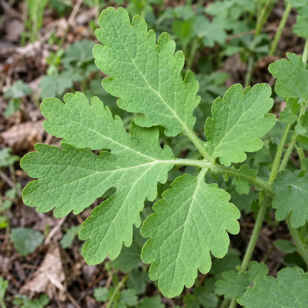 A leaf of greater celandine in spring: broad, deeply cut lobes with a scalloped edge and a larger three-lobed end leaflet, above brown leaves on the ground