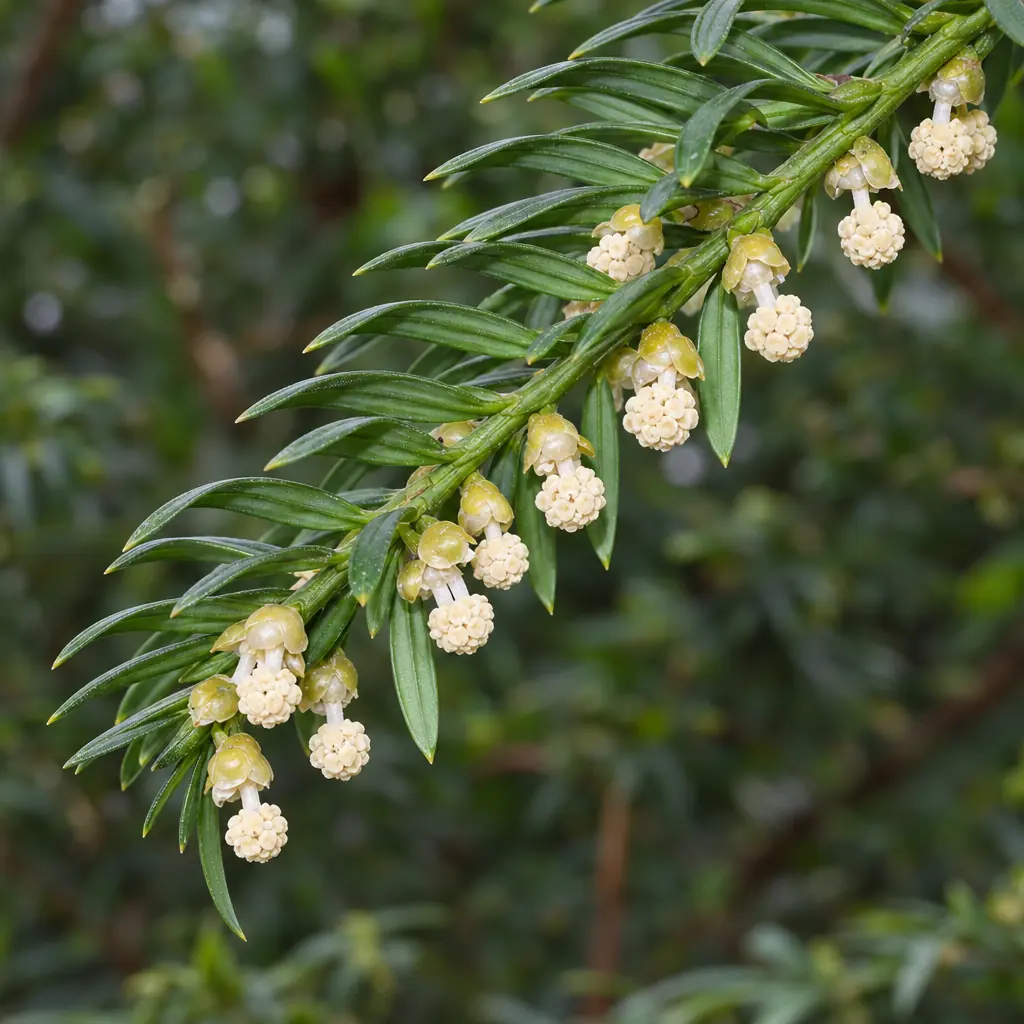 A male yew shoot with rows of small pale yellow balls full of pollen under the needles