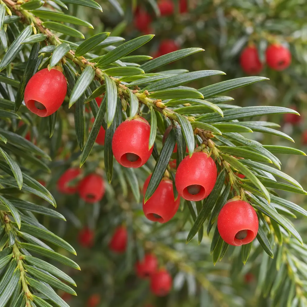 Ripe red yew berries, open at the base with a dark seed showing, among dark green needles
