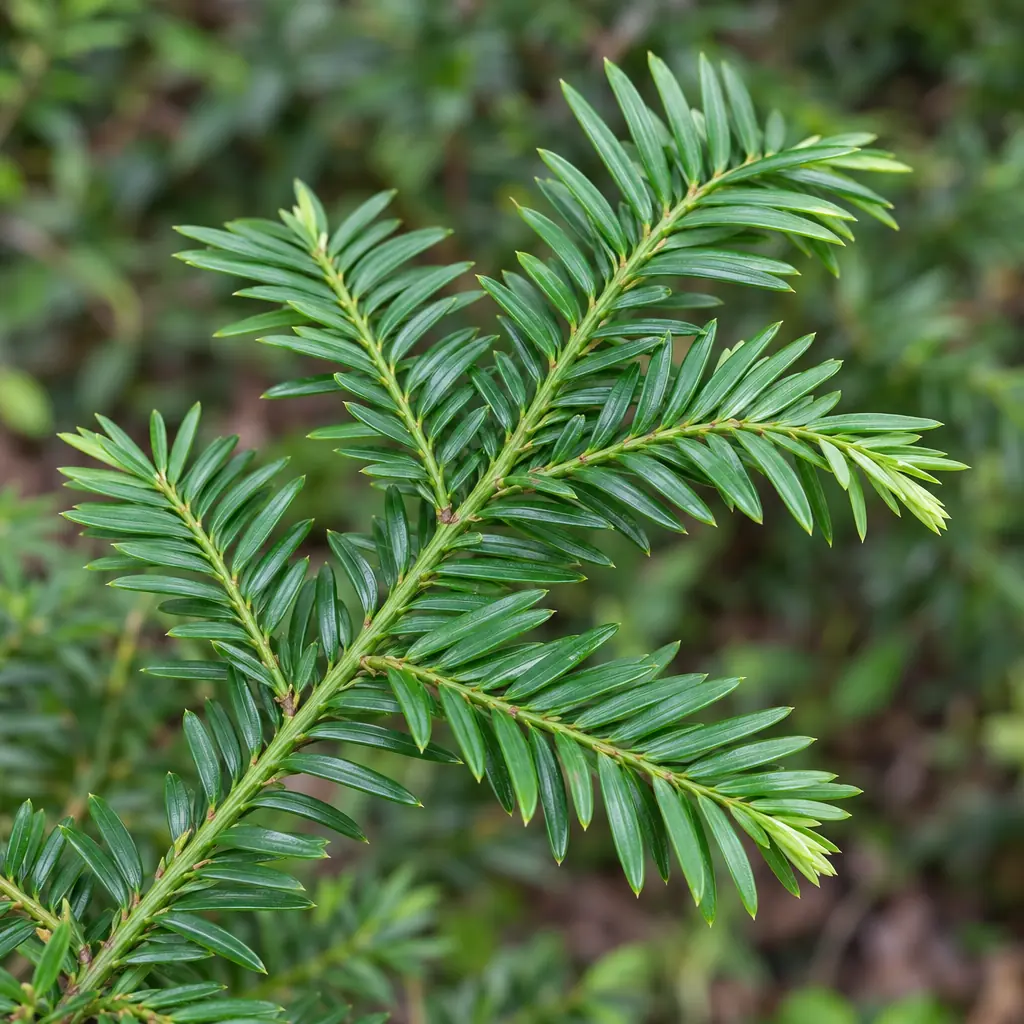 A green yew shoot with short, flat, dark green needles in two flat rows