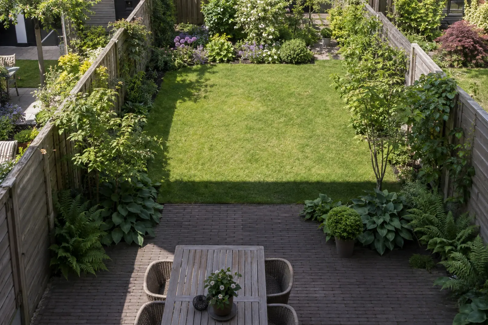 Smalle achtertuin van bovenaf gezien, vanuit een raam op de verdieping. Het terras direct achter het huis en de voet van beide schuttingen liggen in de schaduw, met varens en hosta's. Het gazon en de border verderop liggen in de zon.