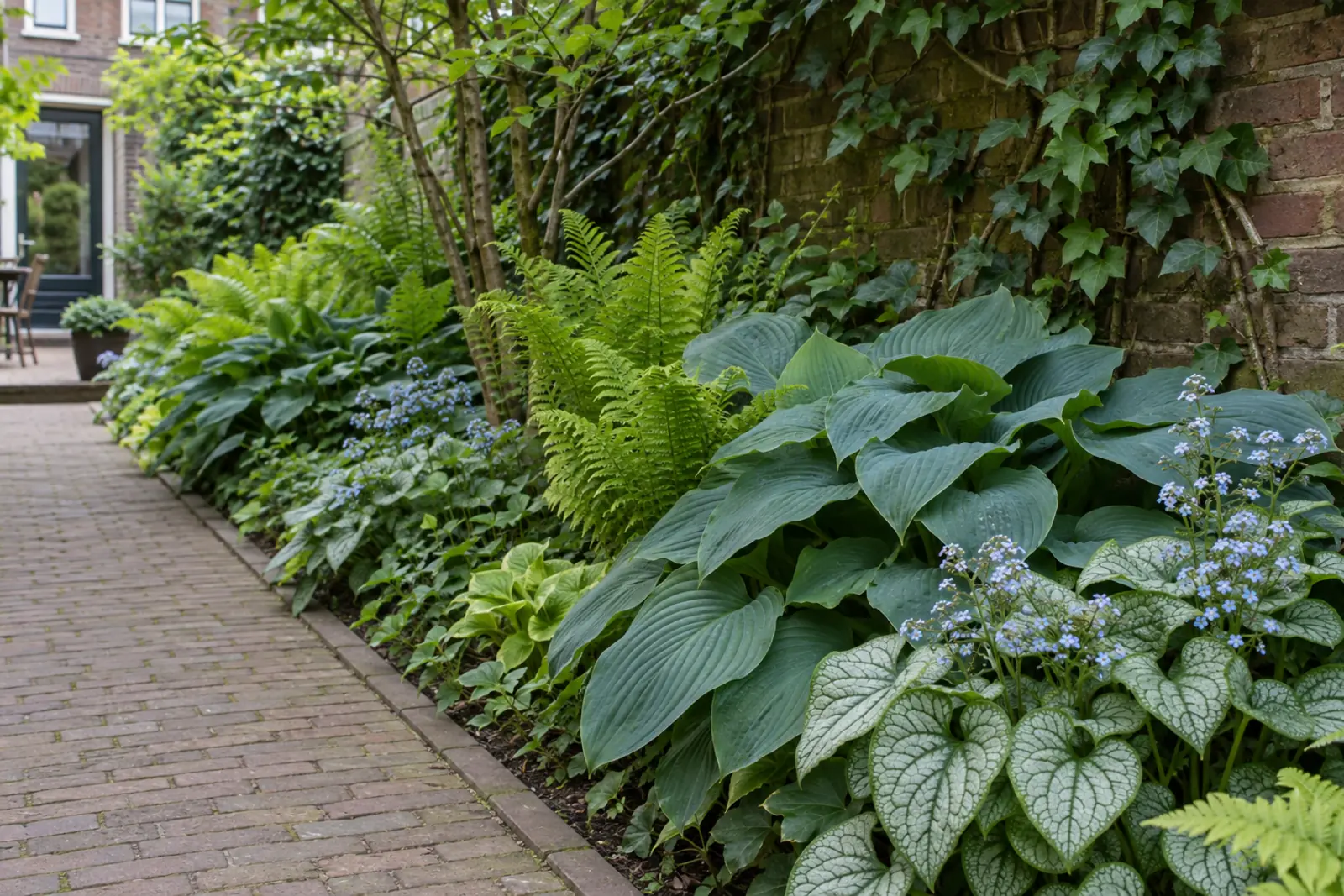 Schaduwborder aan de voet van een bakstenen muur met klimop: blauwgroene hosta's, varens en brunnera met zilvergetekend blad en lichtblauwe bloemetjes, naast een klinkerpad