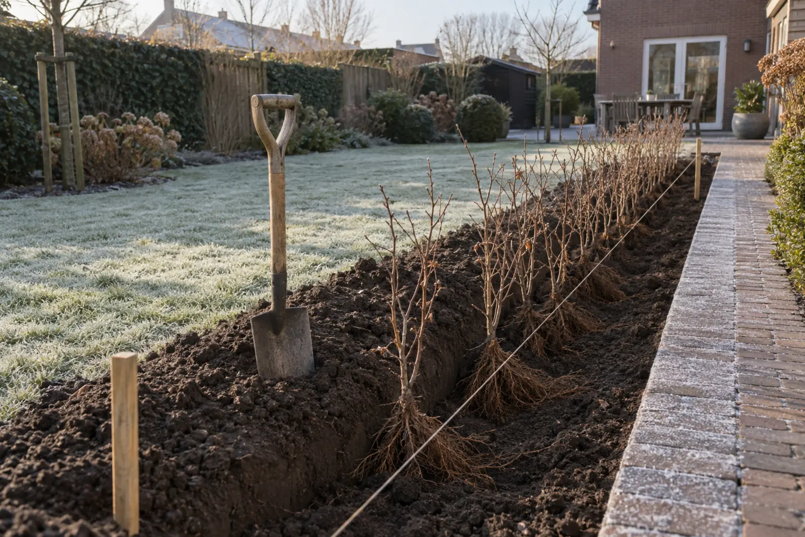 Plantsleuf in donkere grond met een rij jonge haagplanten met blote wortel langs een gespannen draad, een spade rechtop in de grond en rijp op het gras ernaast