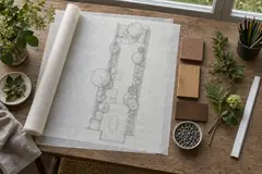 Tuinontwerp in potlood op calqueerpapier, een smalle achtertuin van bovenaf getekend, op een houten tafel naast monsters van klinker, eikenhout, cortenstaal en grind