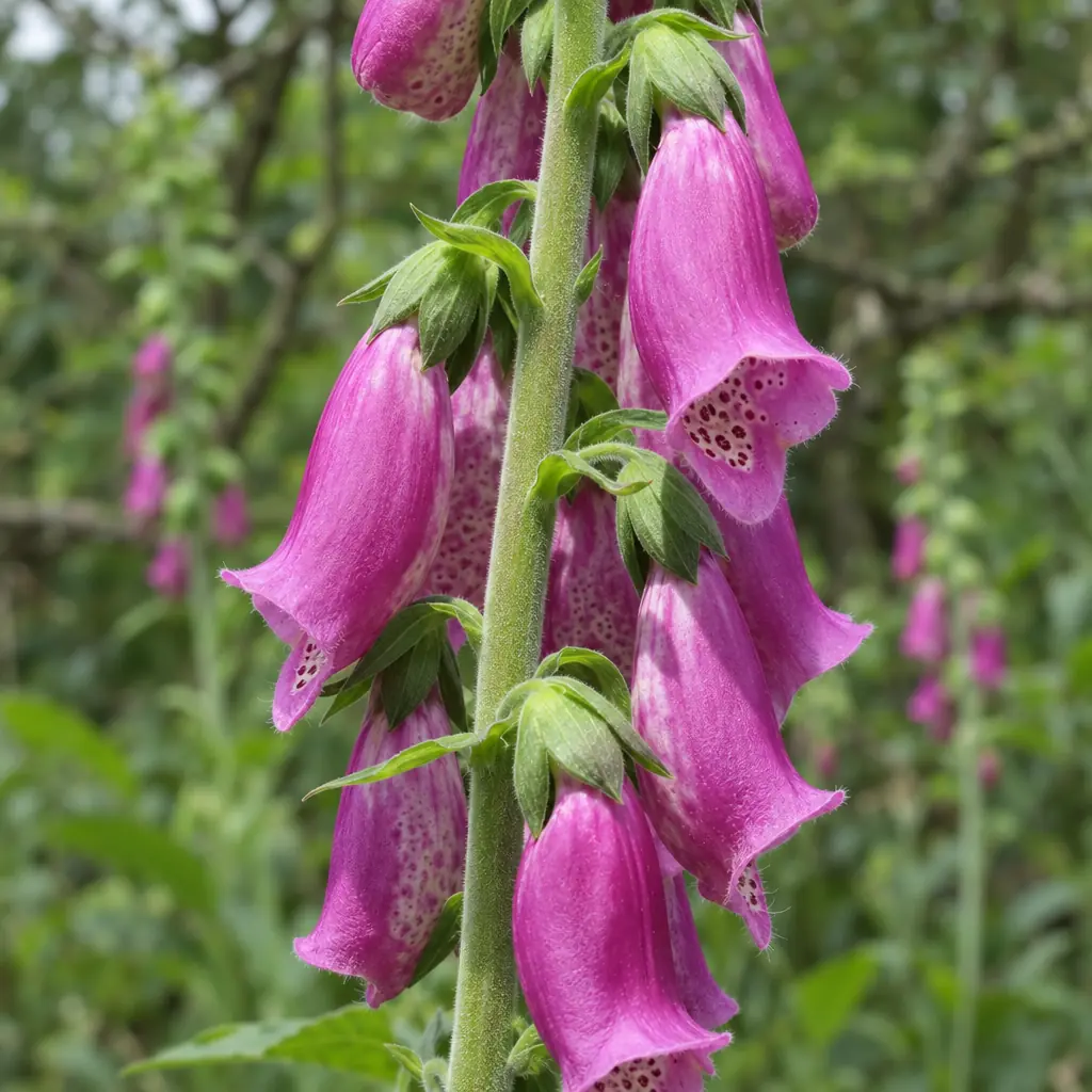 Part of a common foxglove flower spike in June, with drooping reddish-purple bells on a hairy stem and dark, white-ringed spots in the throat