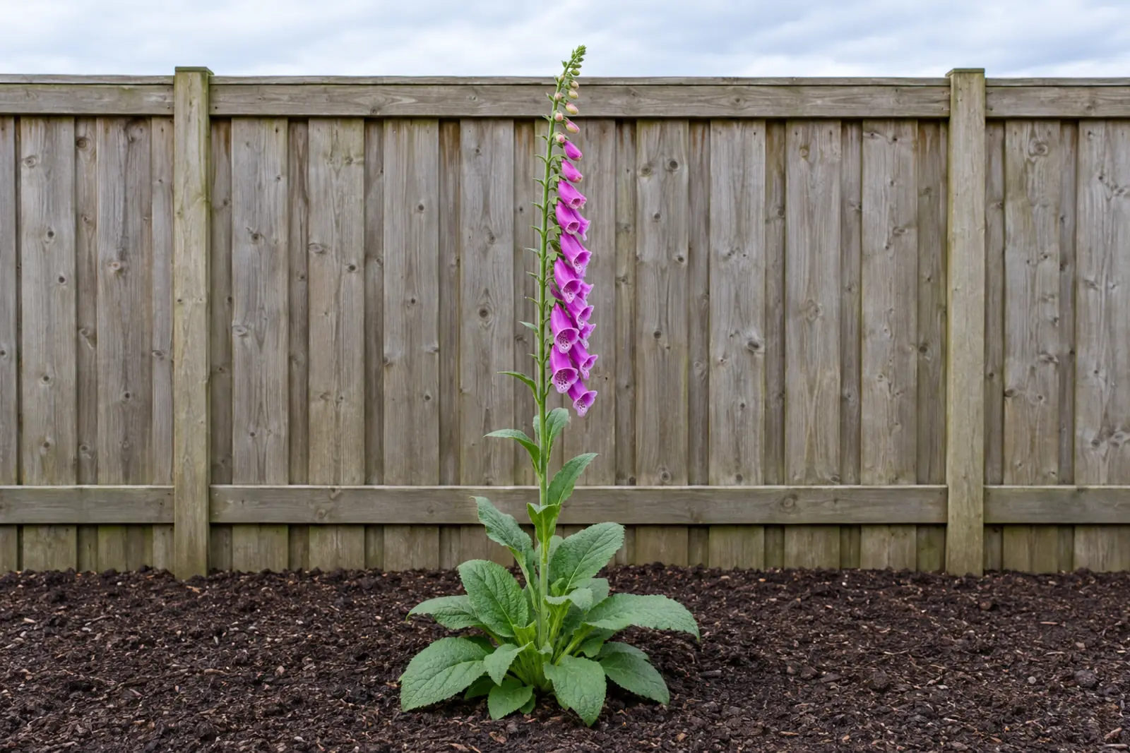 One flowering common foxglove alone in front of a wooden fence: a rosette of large, soft leaves and a tall stem of drooping reddish-purple bells
