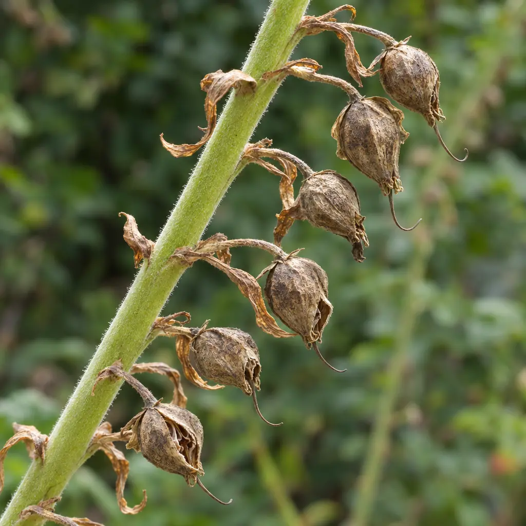 A common foxglove stem in late August with dry, brown, pointed fruits in twisted calyx lobes, the lowest ones split open