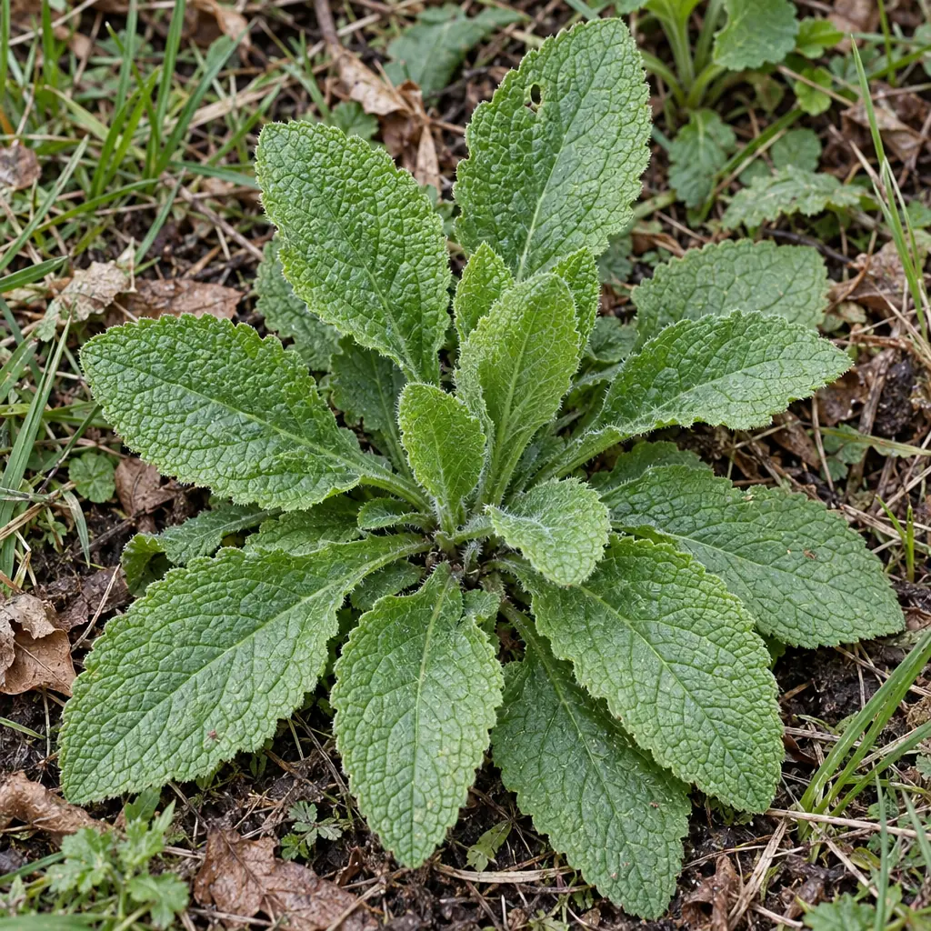 A common foxglove rosette in March: large, oval, toothed leaves with a softly hairy, wrinkled surface, lying flat on the ground among dead leaves